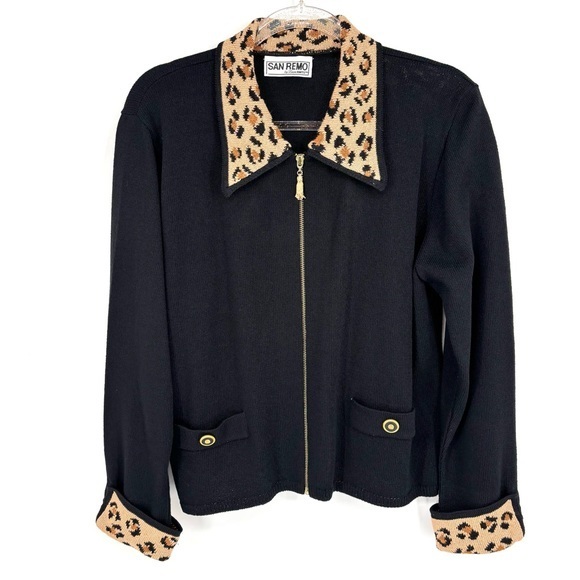 San Remo Sweaters - Vintage San Remo by Laura Knits Leopard Print Trim Black Cardigan Size Medium